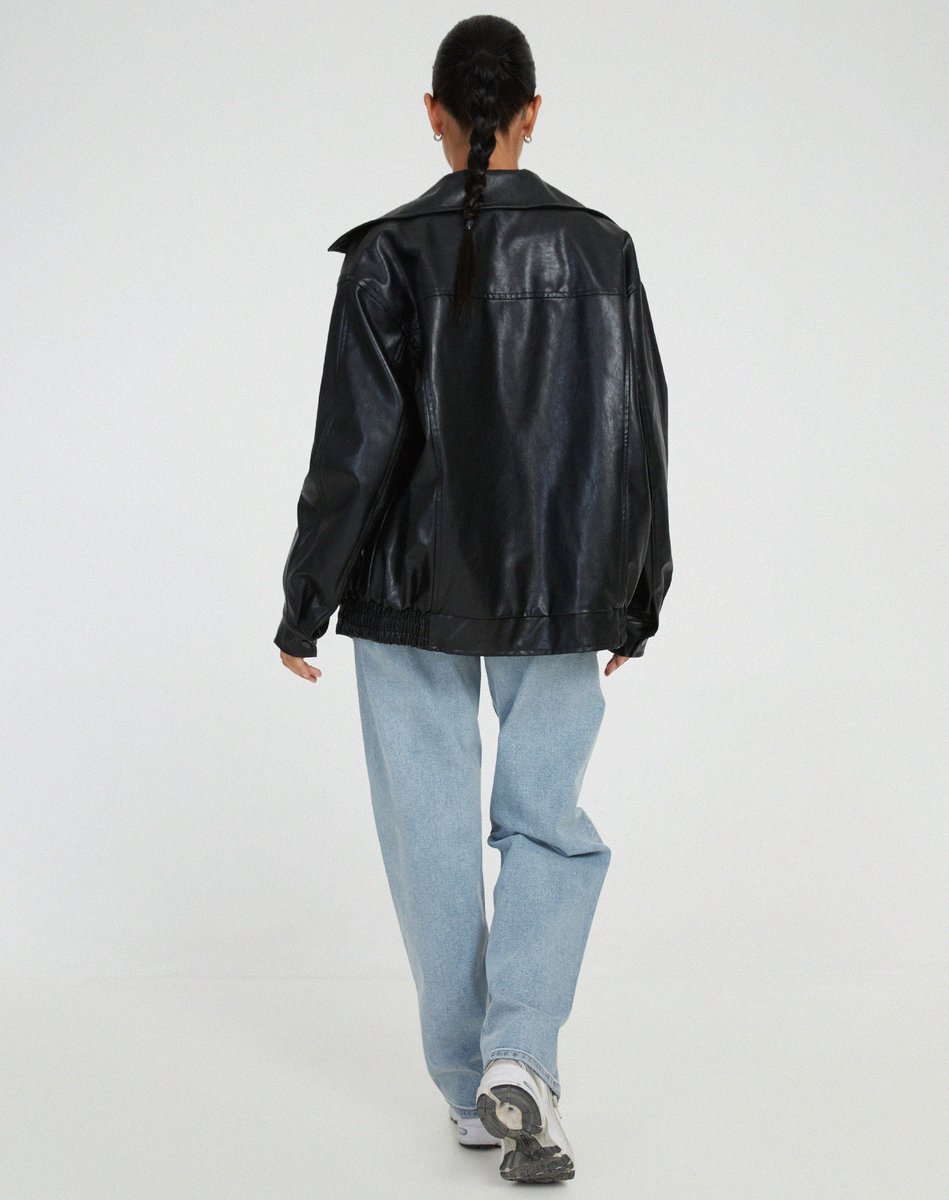 Olivia | Women's Oversized Faux Leather Bomber Coat Chocolate Brown