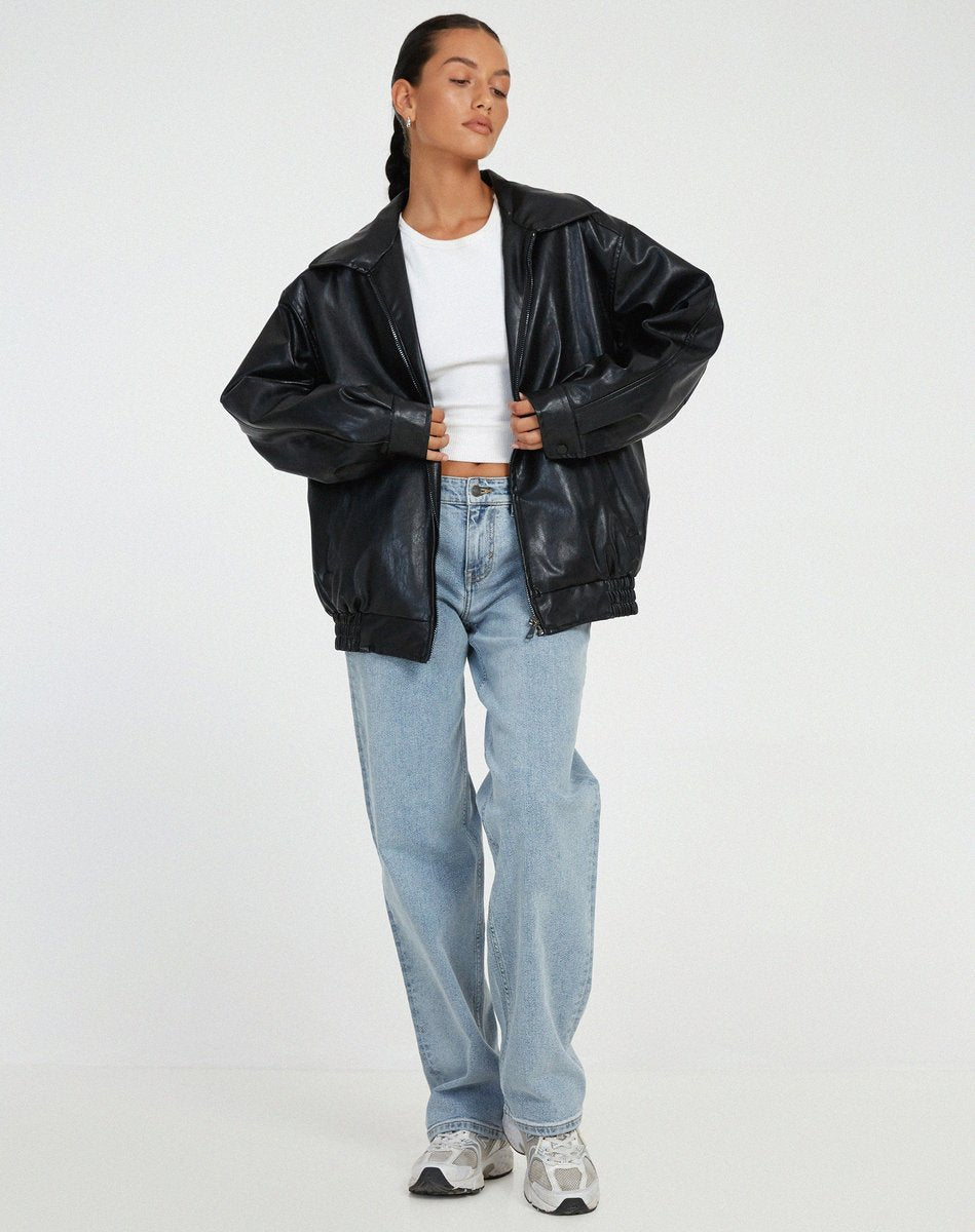 Olivia | Women's Oversized Faux Leather Bomber Coat Chocolate Brown
