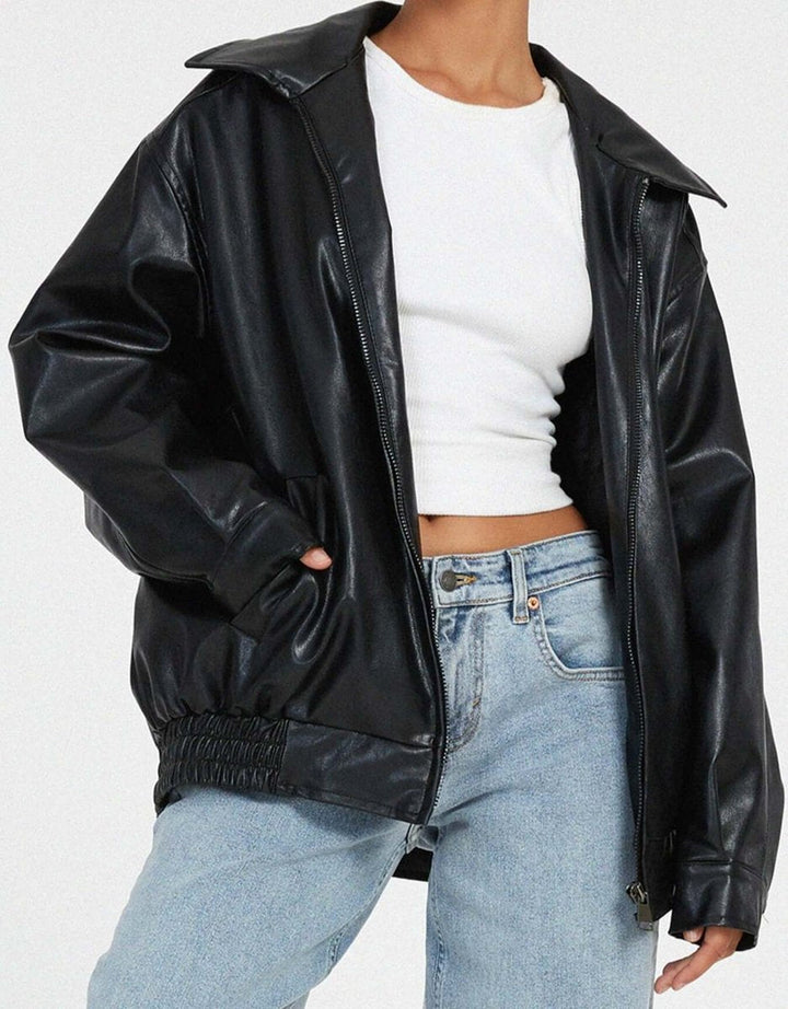 Mia | Women's Oversized Faux Leather Ladies Puffer Jacket Zip-Up Coat