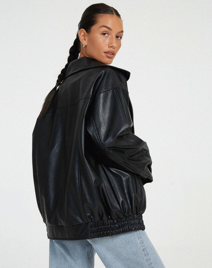 Mia | Women's Oversized Faux Leather Ladies Puffer Jacket Zip-Up Coat