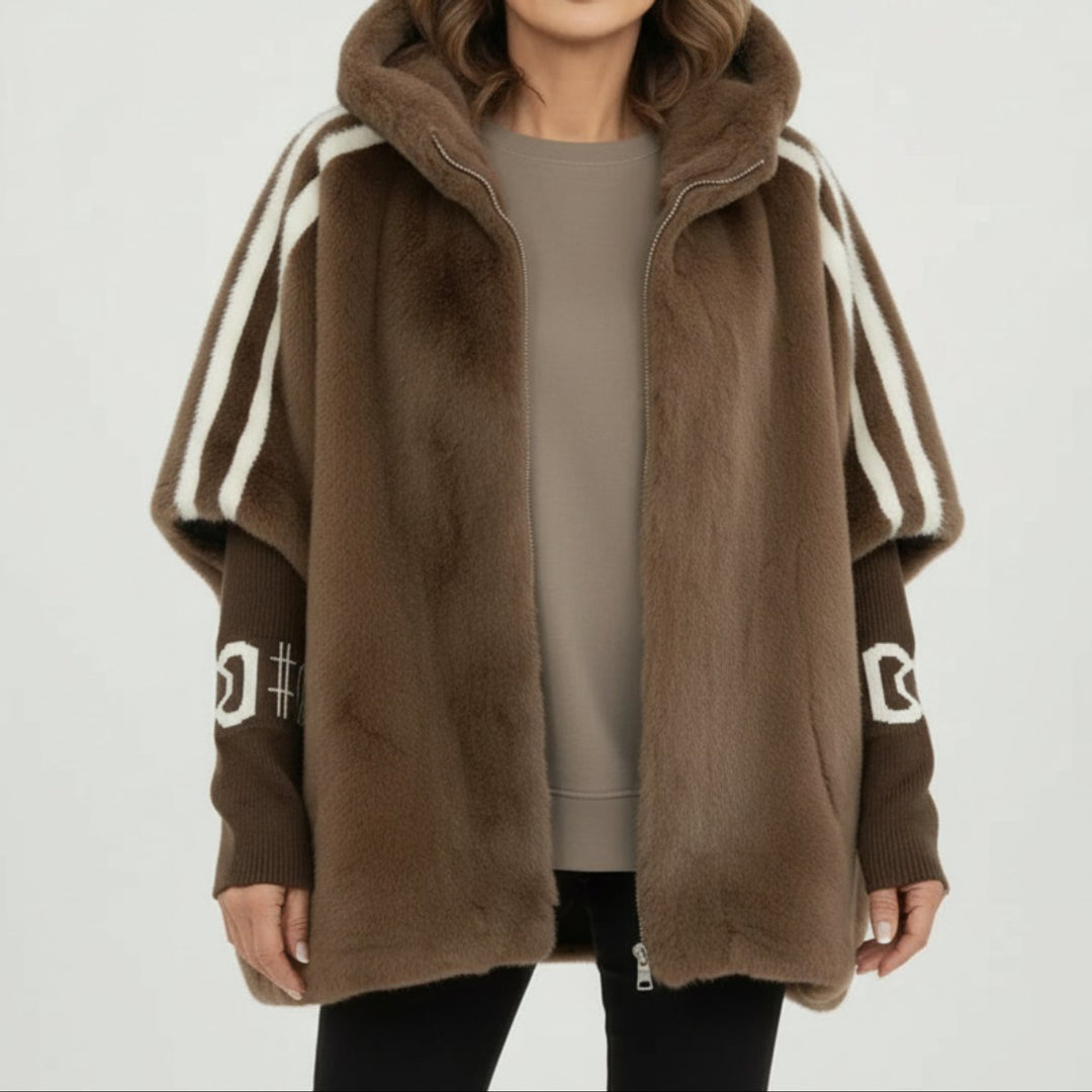 Amelia | Women's Oversized Hooded Faux Fur Coat Ribbed Knit Sleeve