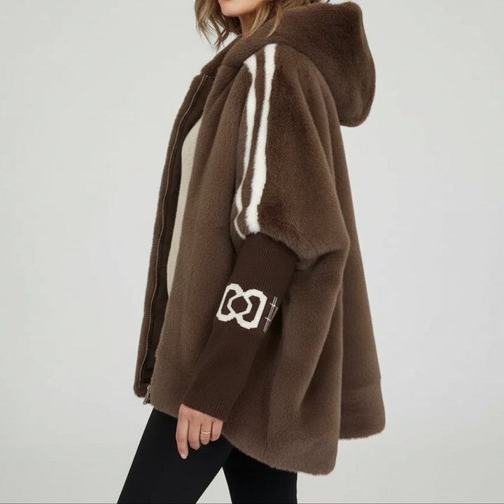 Amelia | Women's Oversized Hooded Faux Fur Coat Ribbed Knit Sleeve