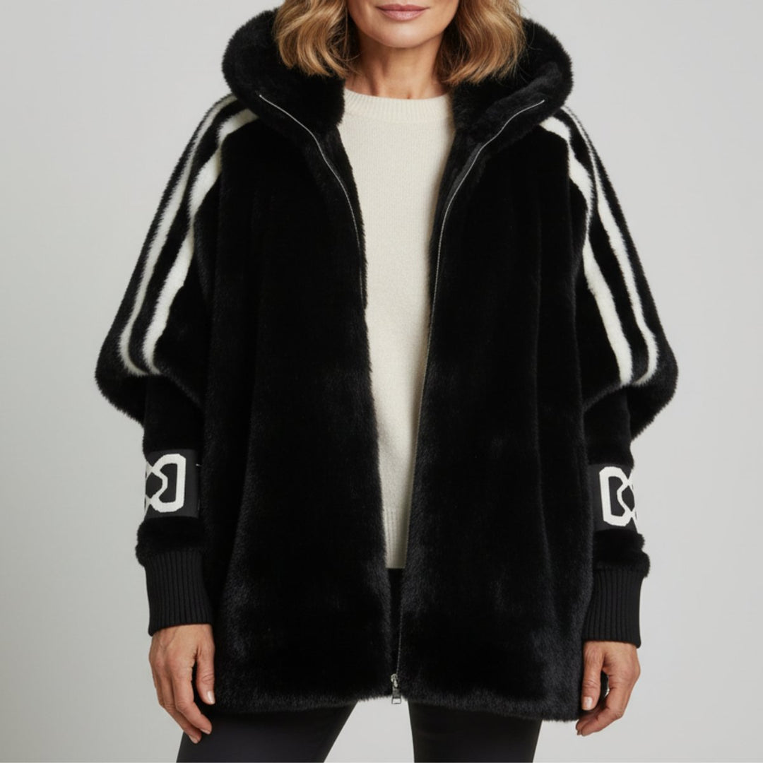 Amelia | Women's Oversized Hooded Faux Fur Coat Ribbed Knit Sleeve
