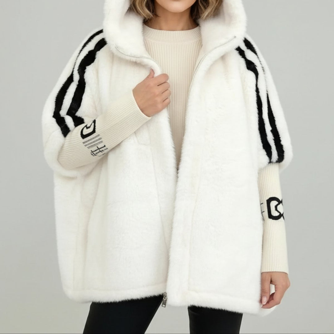Amelia | Women's Oversized Hooded Faux Fur Coat Ribbed Knit Sleeve