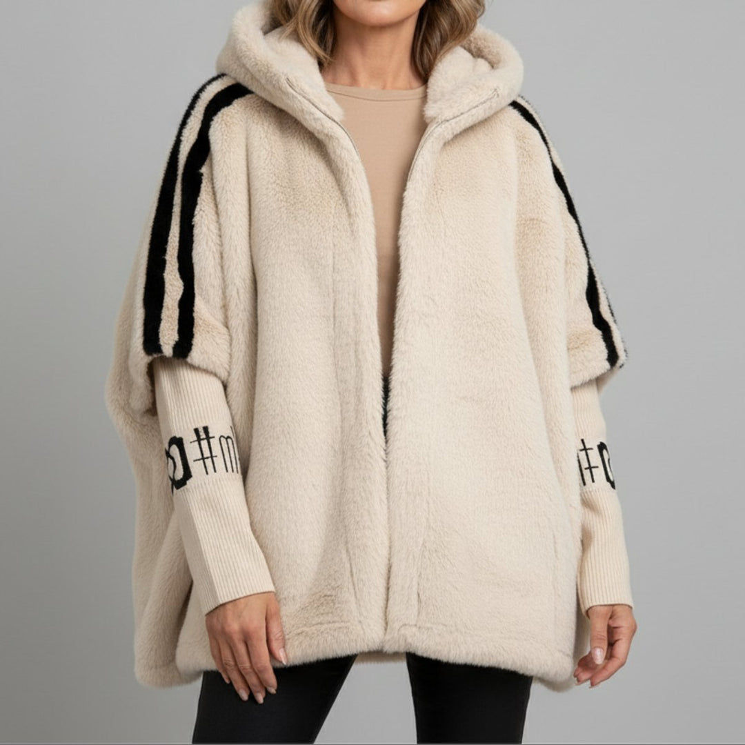 Amelia | Women's Oversized Hooded Faux Fur Coat Ribbed Knit Sleeve
