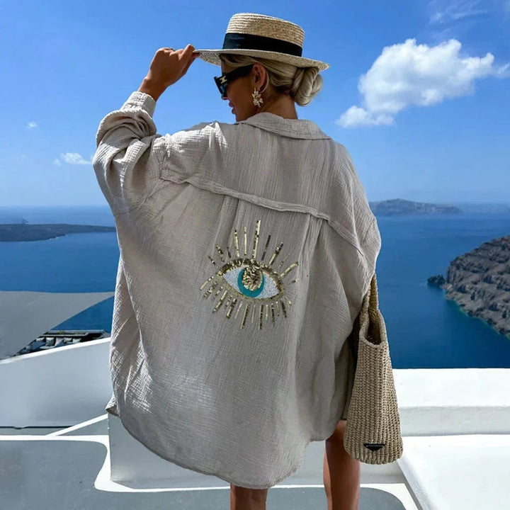 Evelyn | Women's Oversized Long-Sleeve Blouse Sequin Eye Embroidered