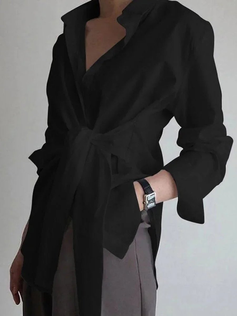 Rosie | Women's Oversized Long-Sleeve Tie-Front Blouse Open Collar