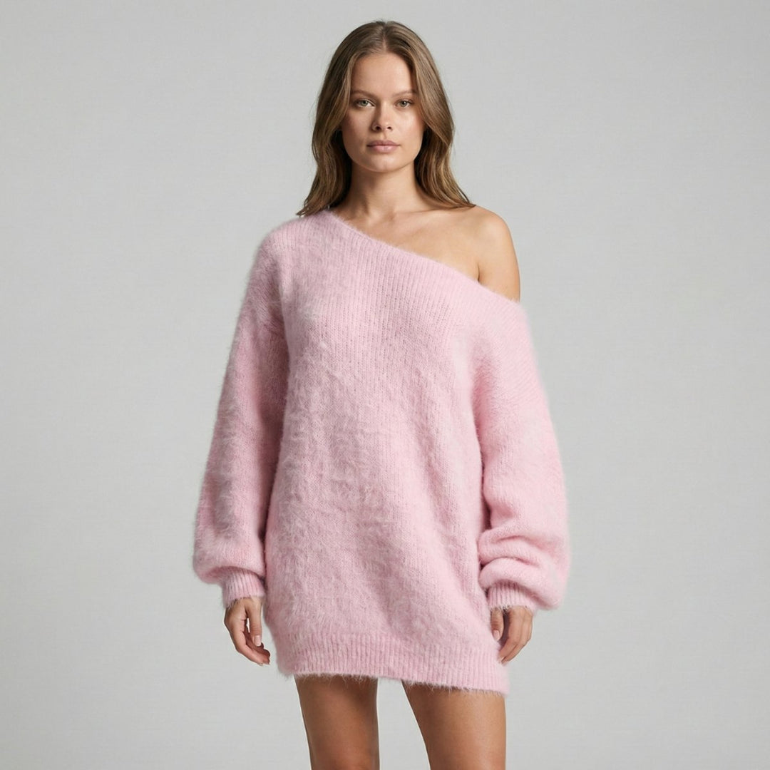 Ava | Women's Fluffy Knit Jumper Dress Off-Shoulder Oversized Mini