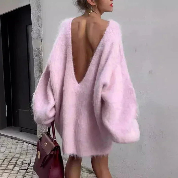 Ava | Women's Fluffy Knit Jumper Dress Off-Shoulder Oversized Mini