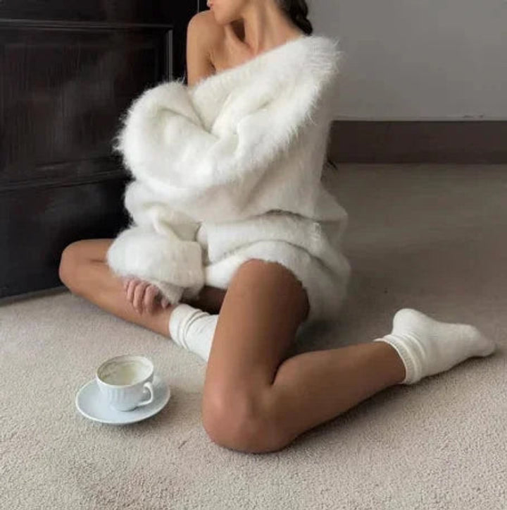 Ava | Women's Fluffy Knit Jumper Dress Off-Shoulder Oversized Mini