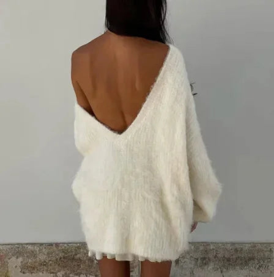 Ava | Women's Fluffy Knit Jumper Dress Off-Shoulder Oversized Mini