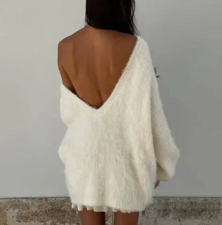 Ava | Women's Fluffy Knit Jumper Dress Off-Shoulder Oversized Mini