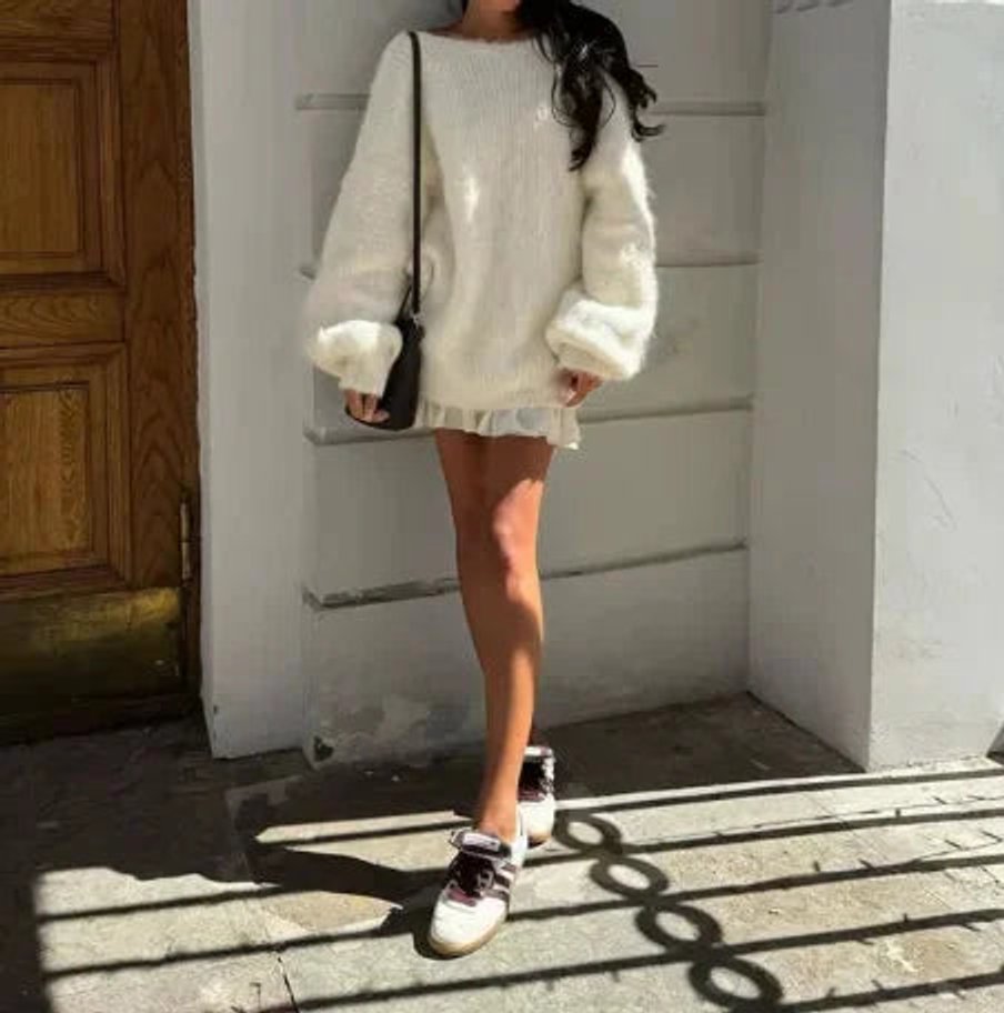 Ava | Women's Fluffy Knit Jumper Dress Off-Shoulder Oversized Mini
