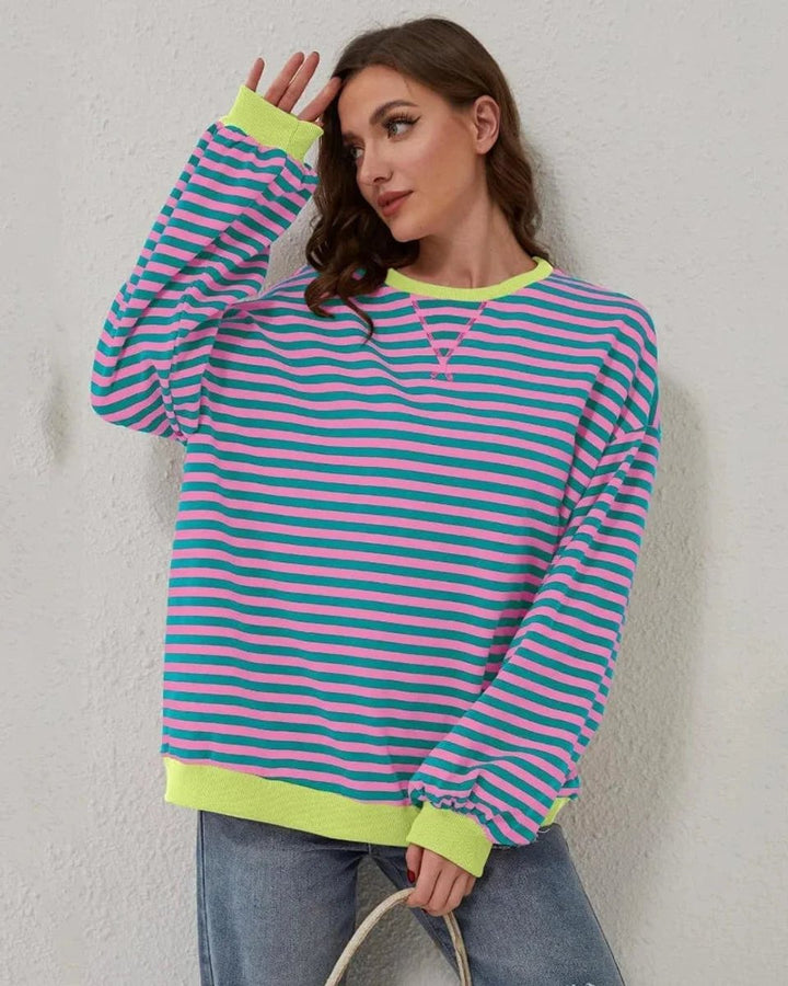 Aria | Women's Oversized Striped Knitted Jumper Crew Neck Contrast Ribbing