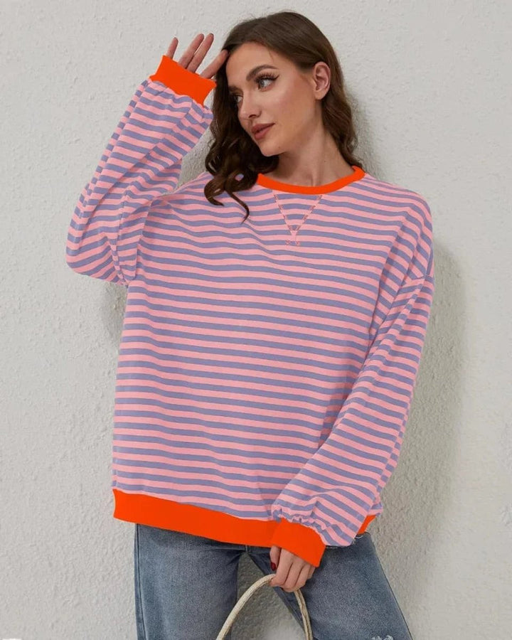 Aria | Women's Oversized Striped Knitted Jumper Crew Neck Contrast Ribbing