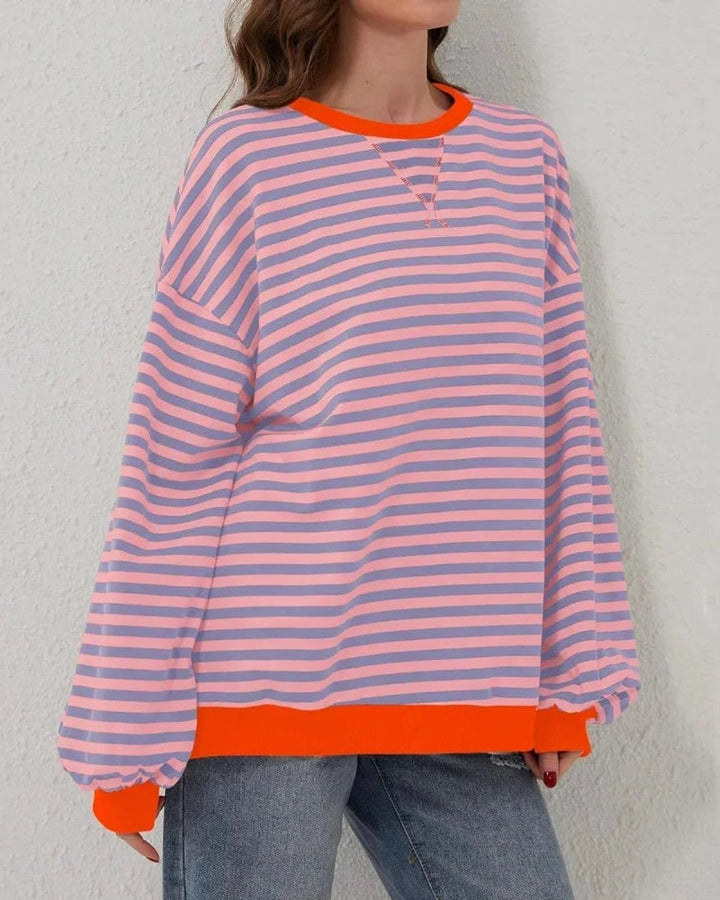 Aria | Women's Oversized Striped Knitted Jumper Crew Neck Contrast Ribbing