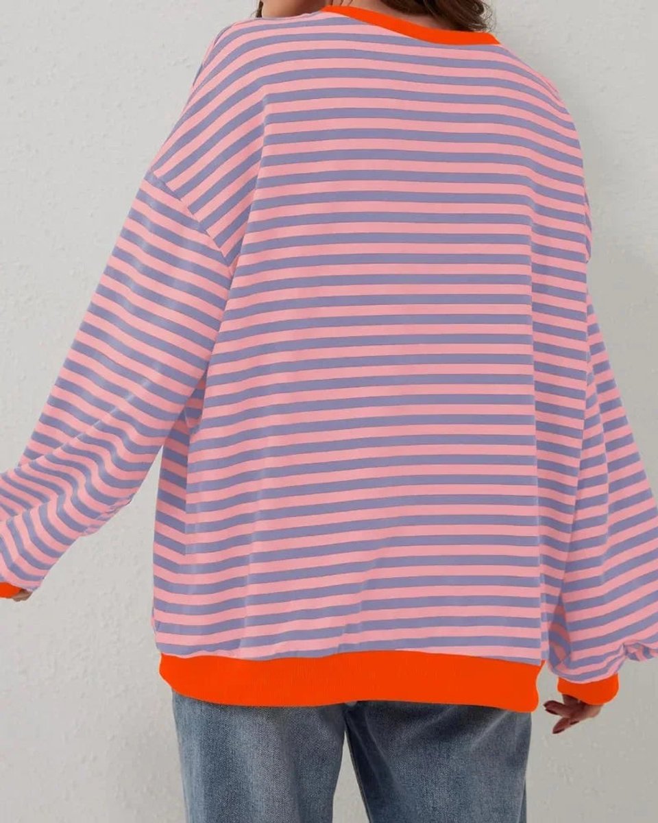Aria | Women's Oversized Striped Knitted Jumper Crew Neck Contrast Ribbing