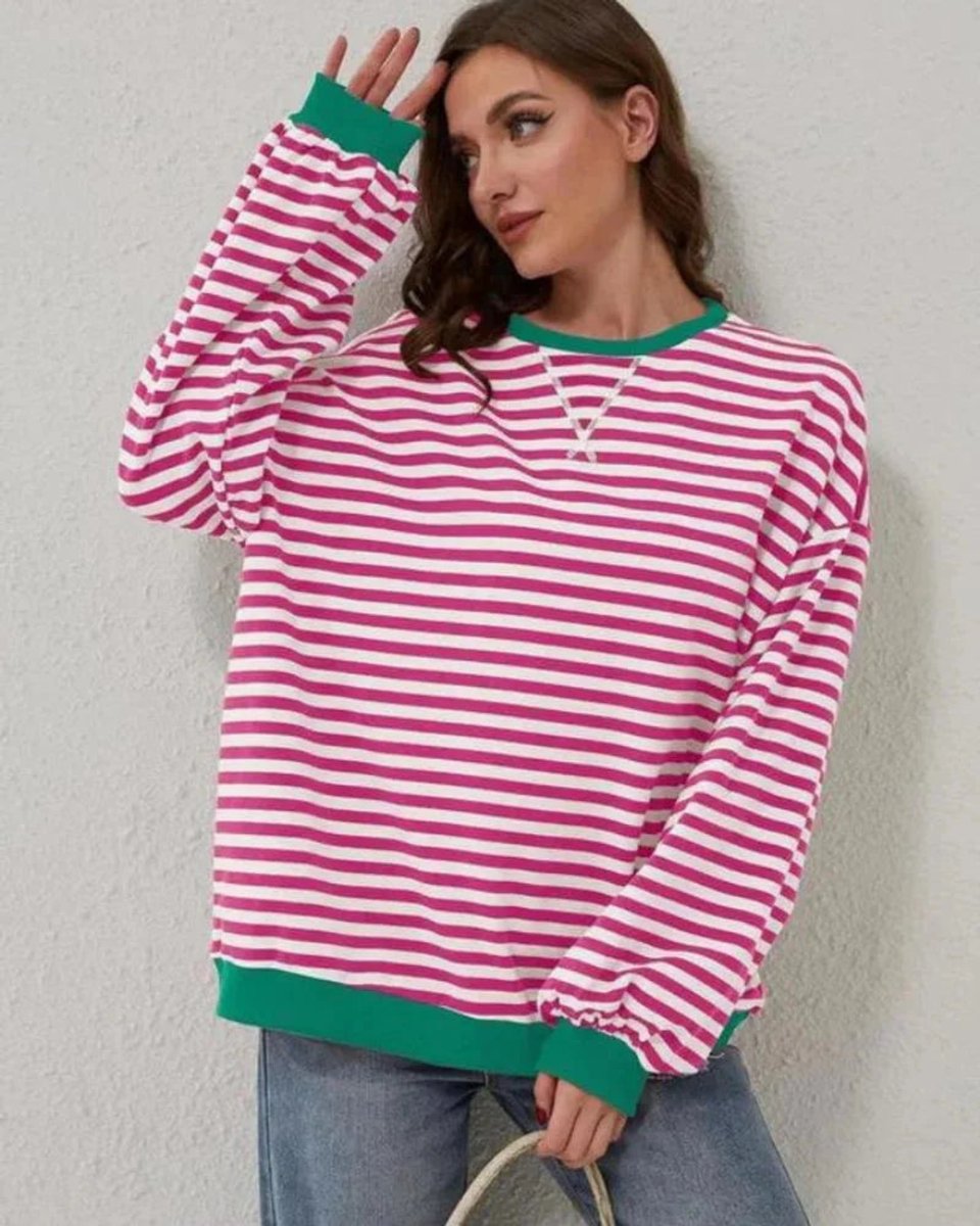 Aria | Women's Oversized Striped Knitted Jumper Crew Neck Contrast Ribbing