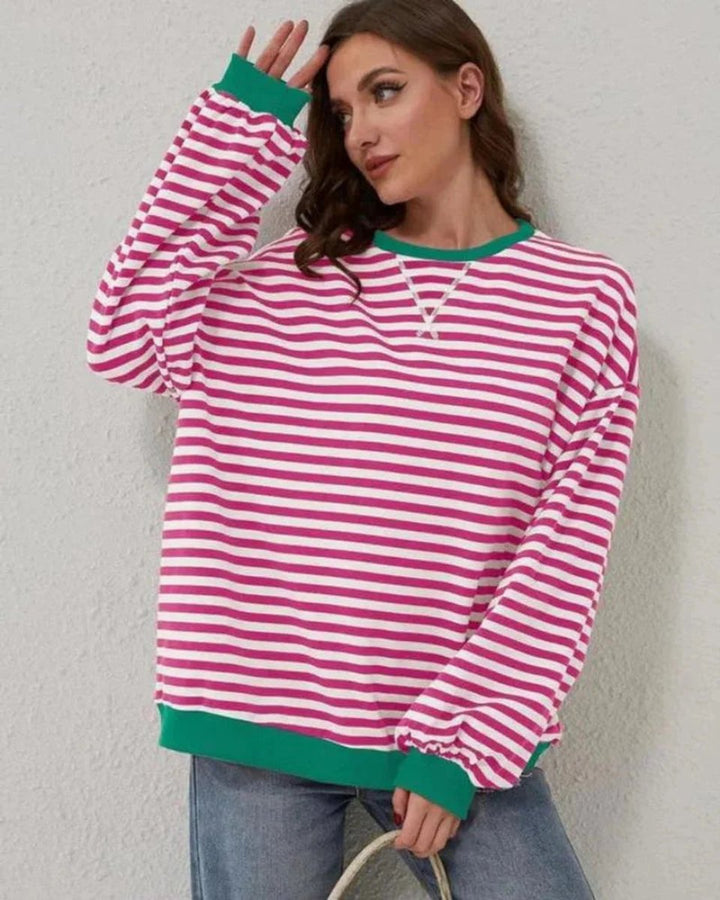 Aria | Women's Oversized Striped Knitted Jumper Crew Neck Contrast Ribbing
