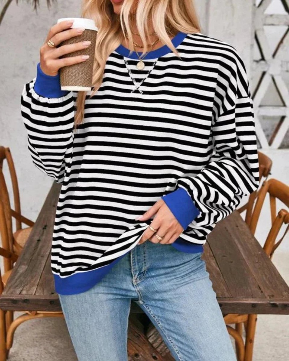 Aria | Women's Oversized Striped Knitted Jumper Crew Neck Contrast Ribbing
