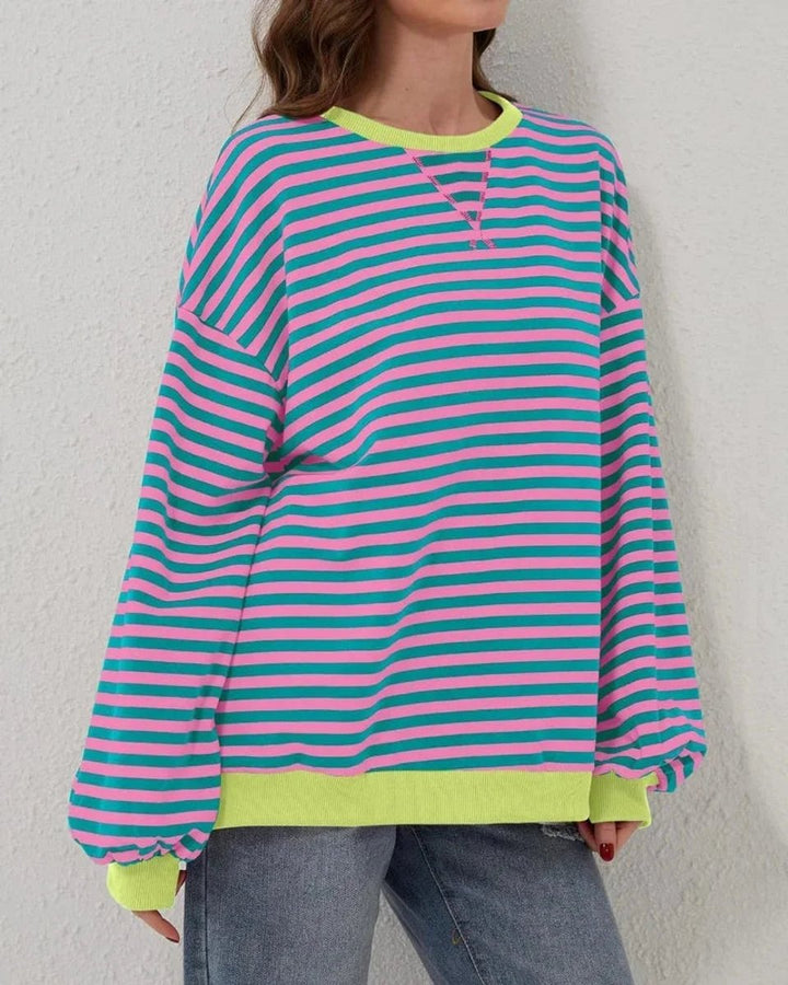 Aria | Women's Oversized Striped Knitted Jumper Crew Neck Contrast Ribbing