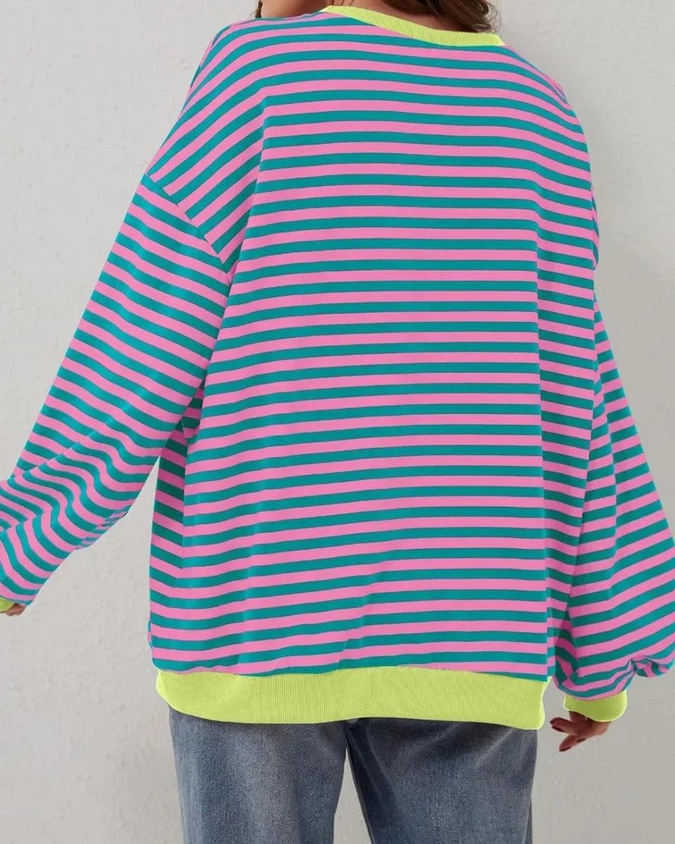 Aria | Women's Oversized Striped Knitted Jumper Crew Neck Contrast Ribbing