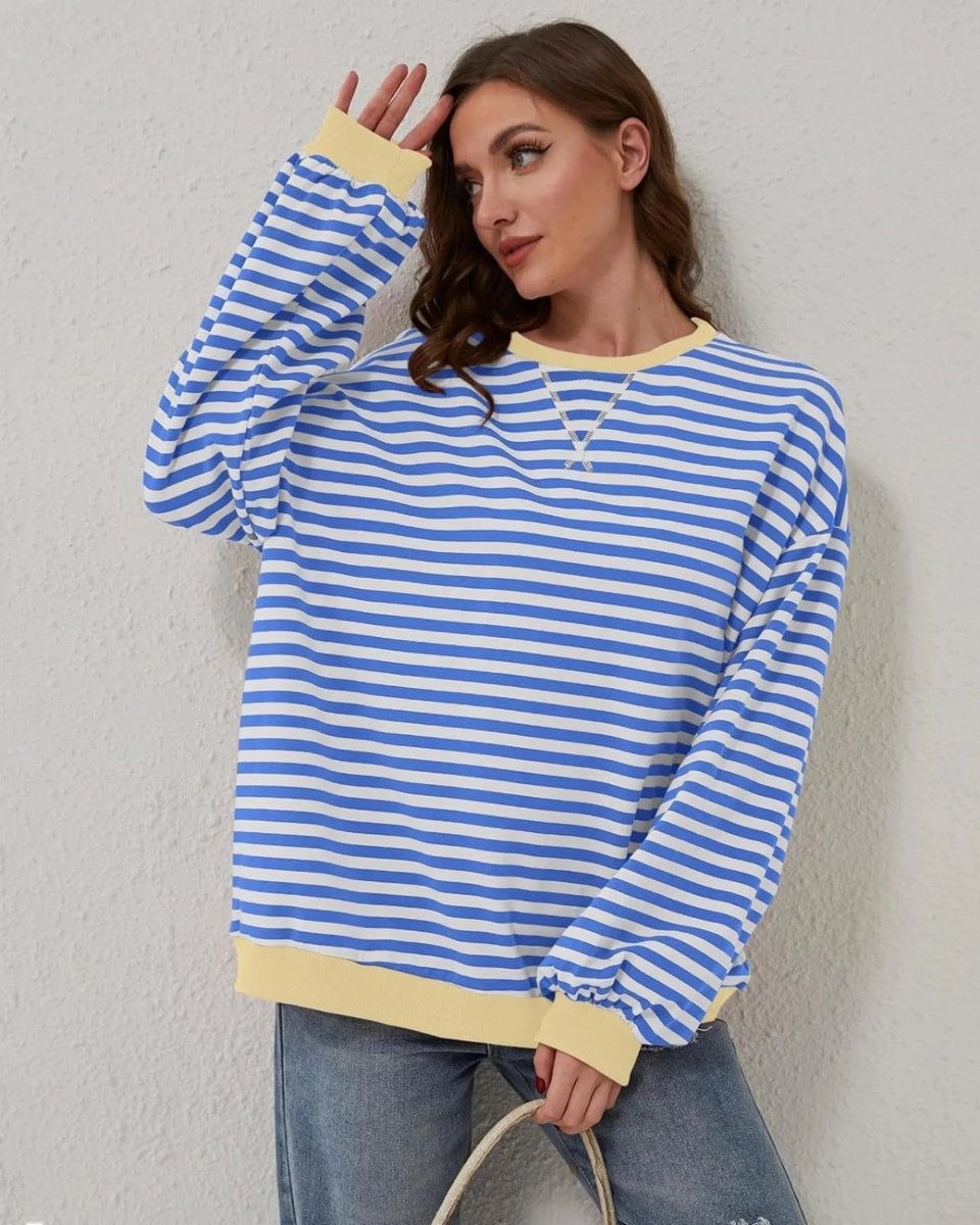 Aria | Women's Oversized Striped Knitted Jumper Crew Neck Contrast Ribbing