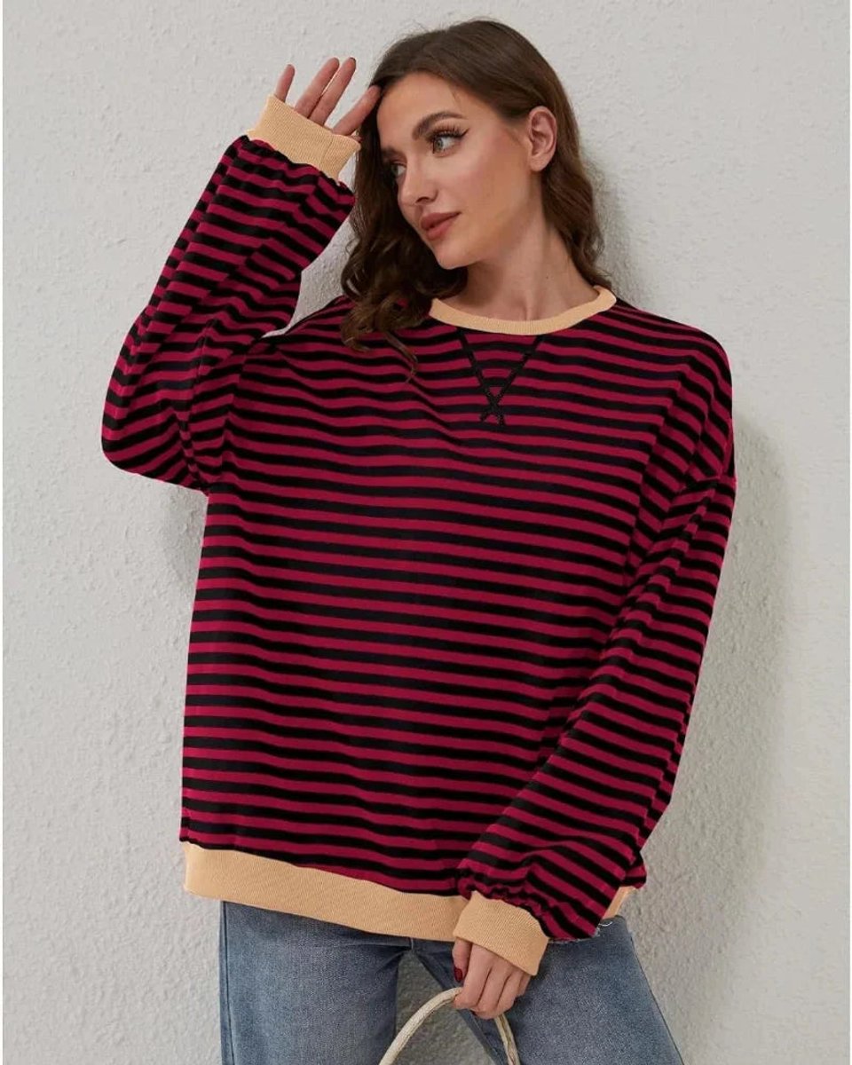 Aria | Women's Oversized Striped Knitted Jumper Crew Neck Contrast Ribbing