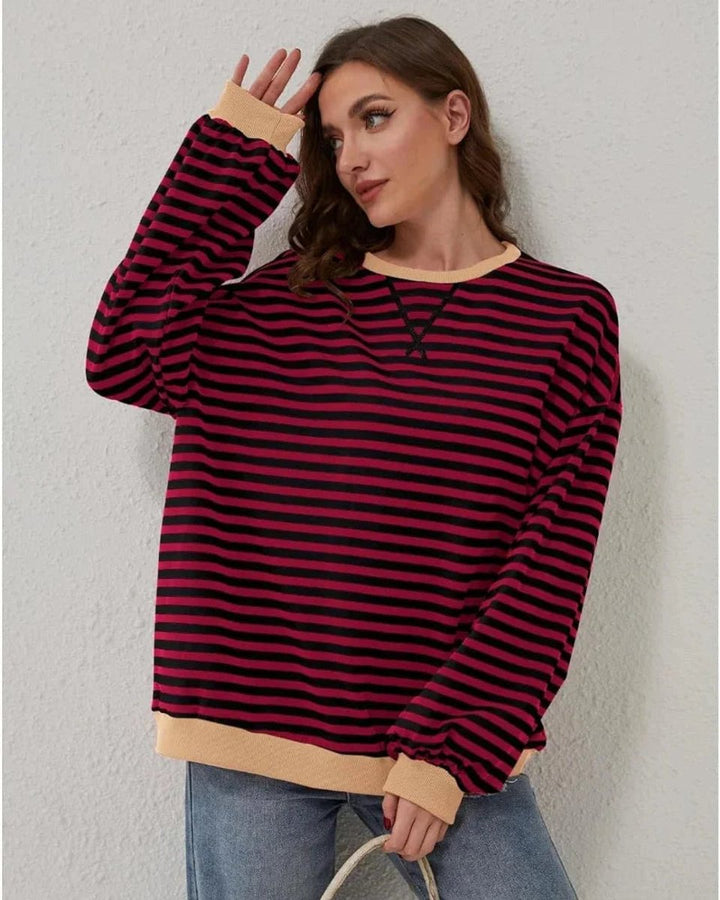 Aria | Women's Oversized Striped Knitted Jumper Crew Neck Contrast Ribbing