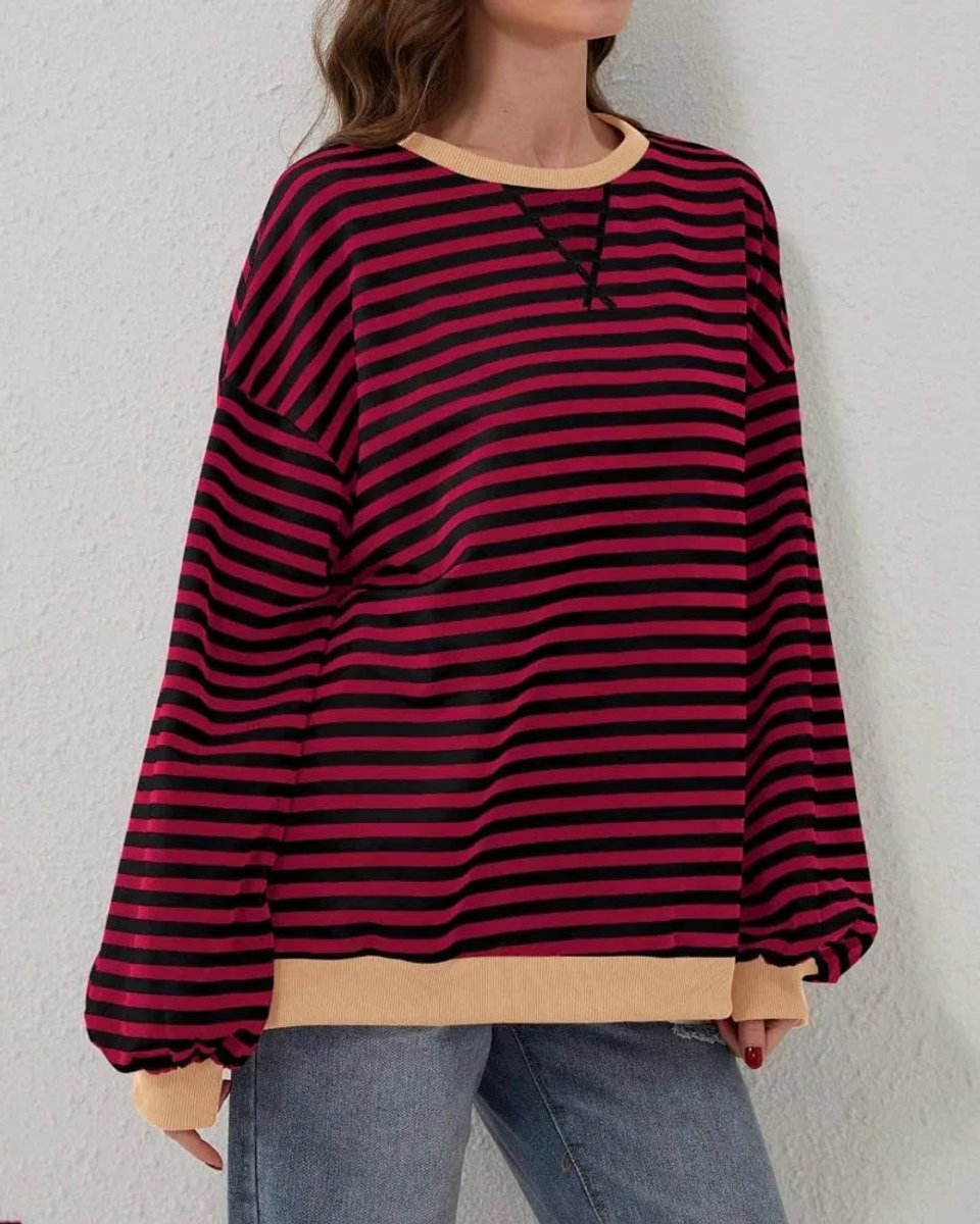 Aria | Women's Oversized Striped Knitted Jumper Crew Neck Contrast Ribbing