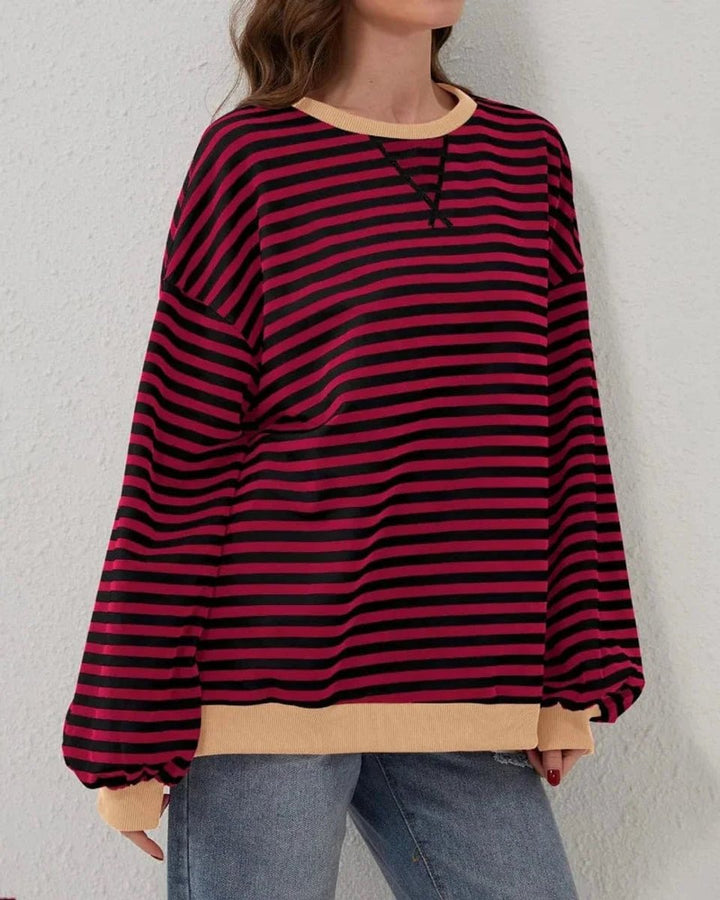 Aria | Women's Oversized Striped Knitted Jumper Crew Neck Contrast Ribbing