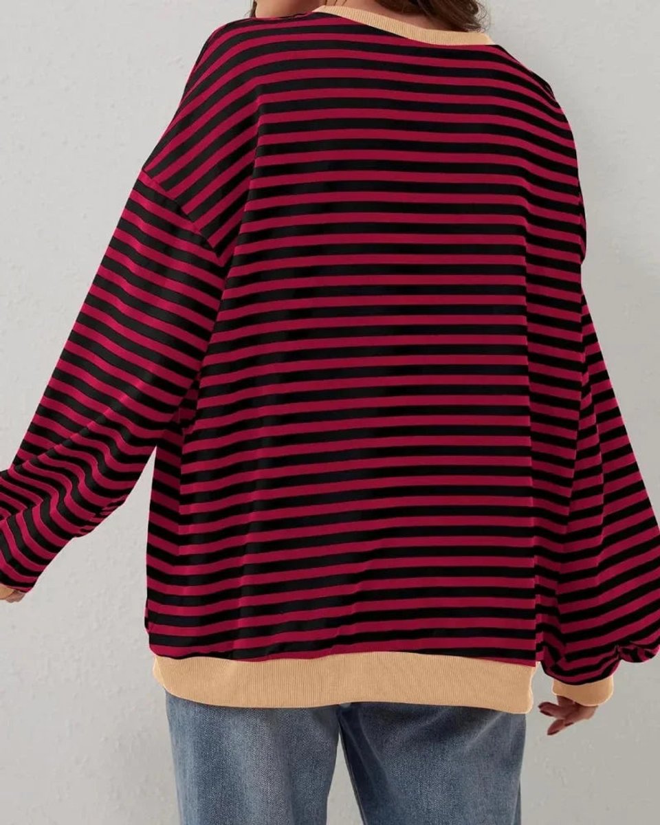 Aria | Women's Oversized Striped Knitted Jumper Crew Neck Contrast Ribbing