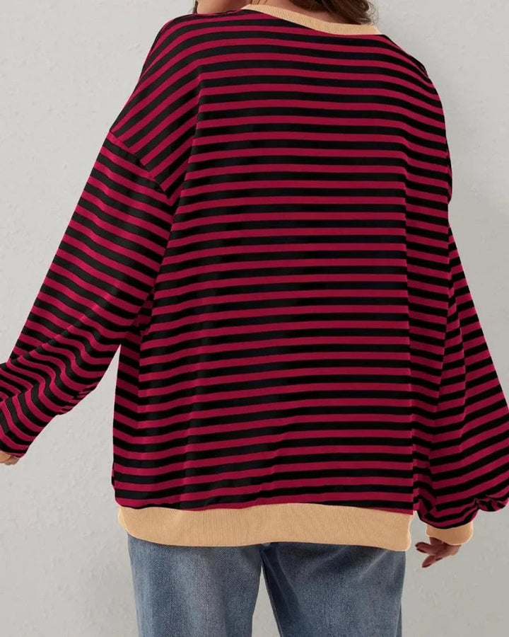 Aria | Women's Oversized Striped Knitted Jumper Crew Neck Contrast Ribbing