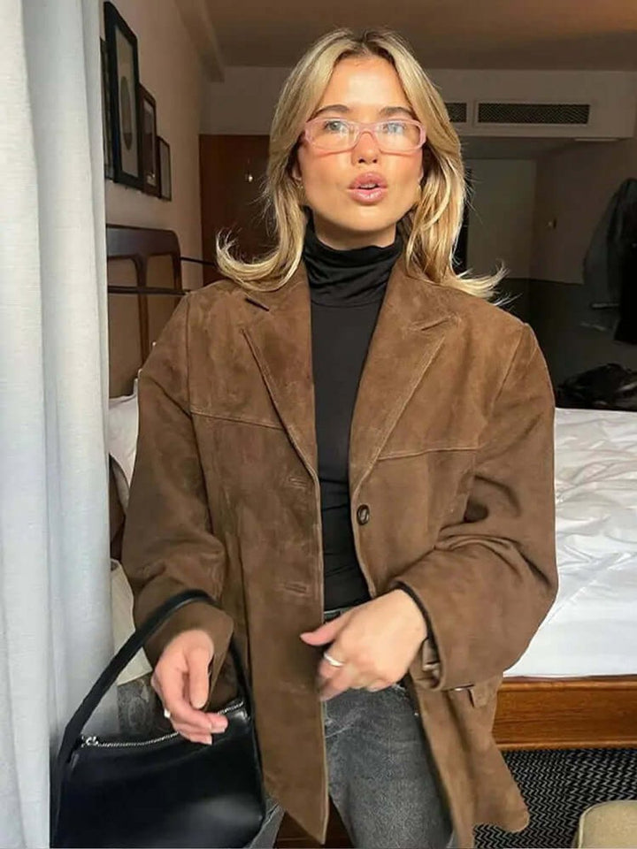 Ava | Women's Oversized Suede Coat Classic Brown Blazer Jacket