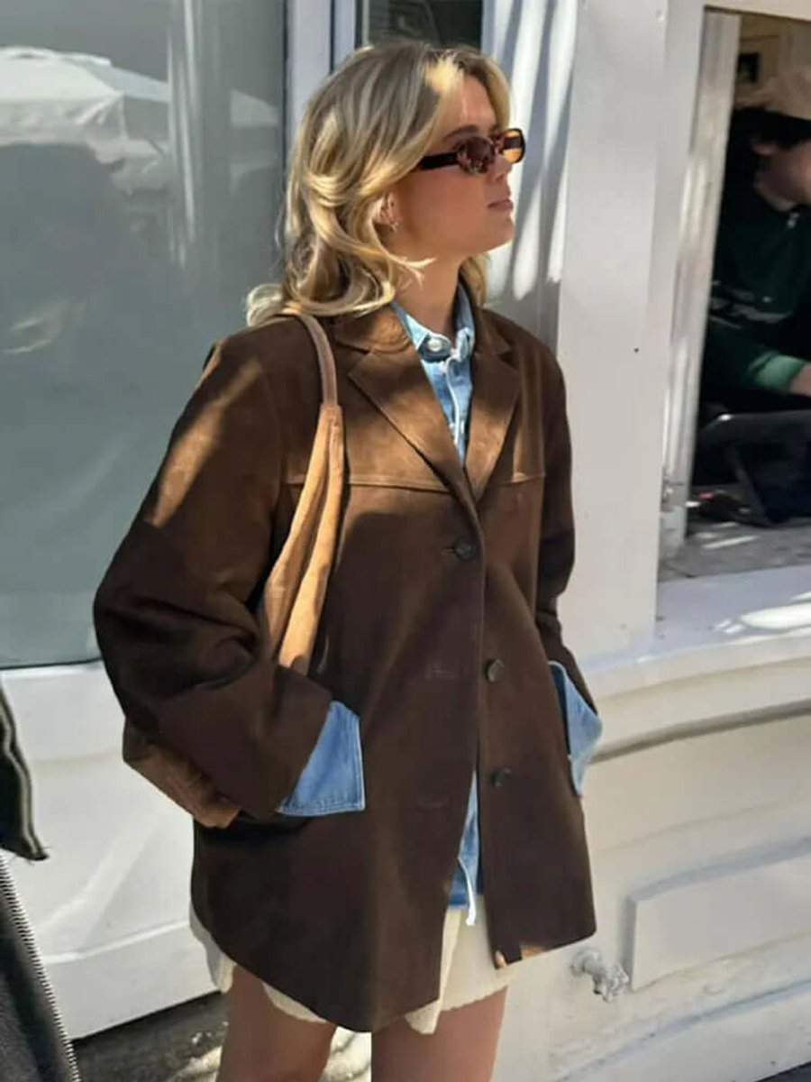 Ava | Women's Oversized Suede Coat Classic Brown Blazer Jacket