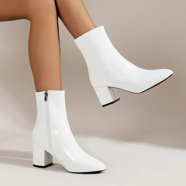 Phoebe | Women's Patent Block-Heel Ankle Boots Pointed-Toe Side-Zip