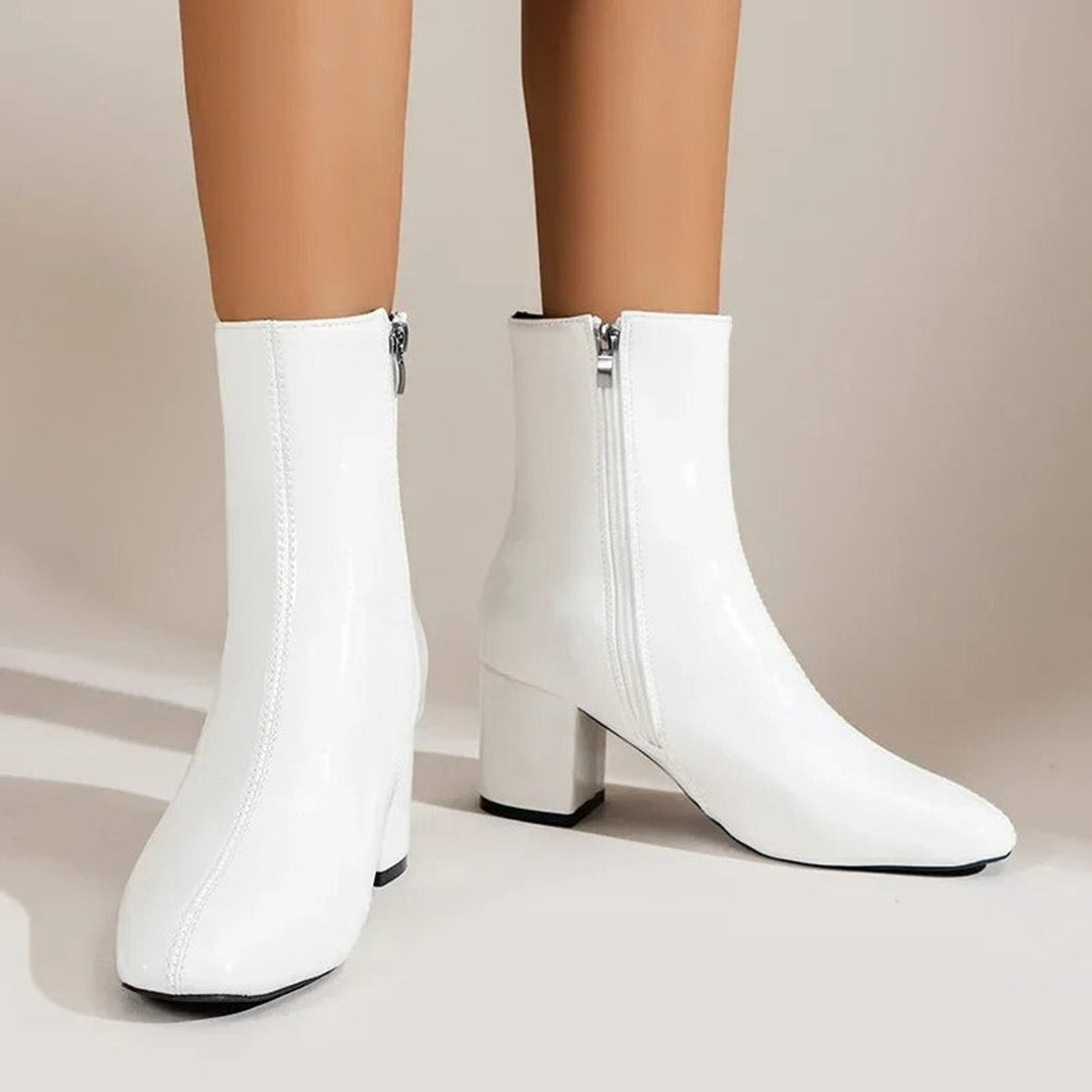 Phoebe | Women's Patent Block-Heel Ankle Boots Pointed-Toe Side-Zip