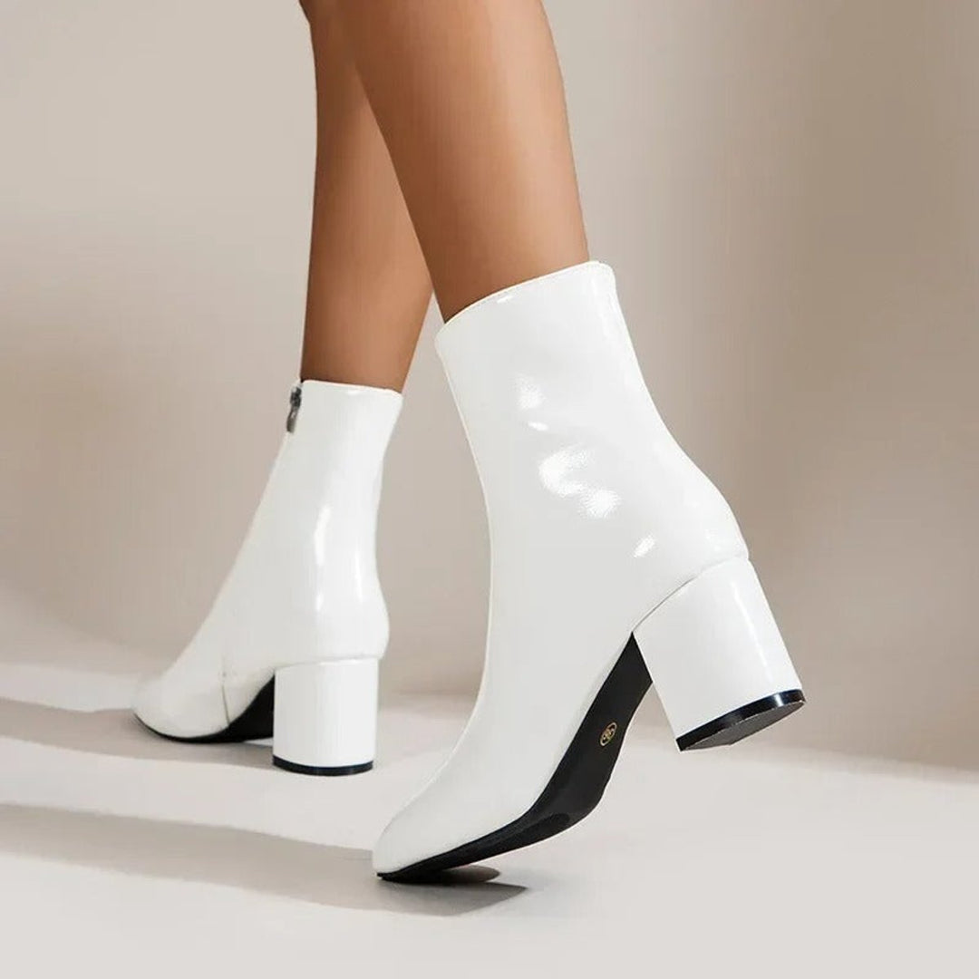 Phoebe | Women's Patent Block-Heel Ankle Boots Pointed-Toe Side-Zip