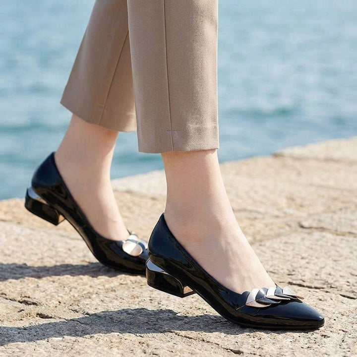 Olivia | Women's Patent Block Heel Court Shoes Pointed Toe Slip-On