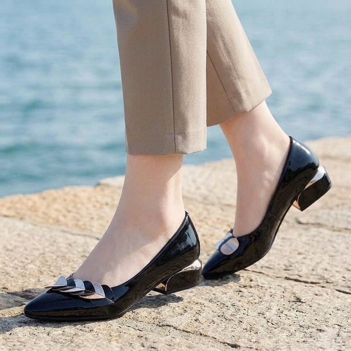 Olivia | Women's Patent Block Heel Court Shoes Pointed Toe Slip-On