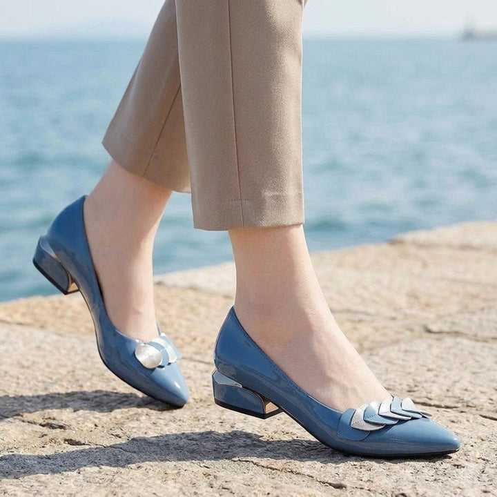 Olivia | Women's Patent Block Heel Court Shoes Pointed Toe Slip-On
