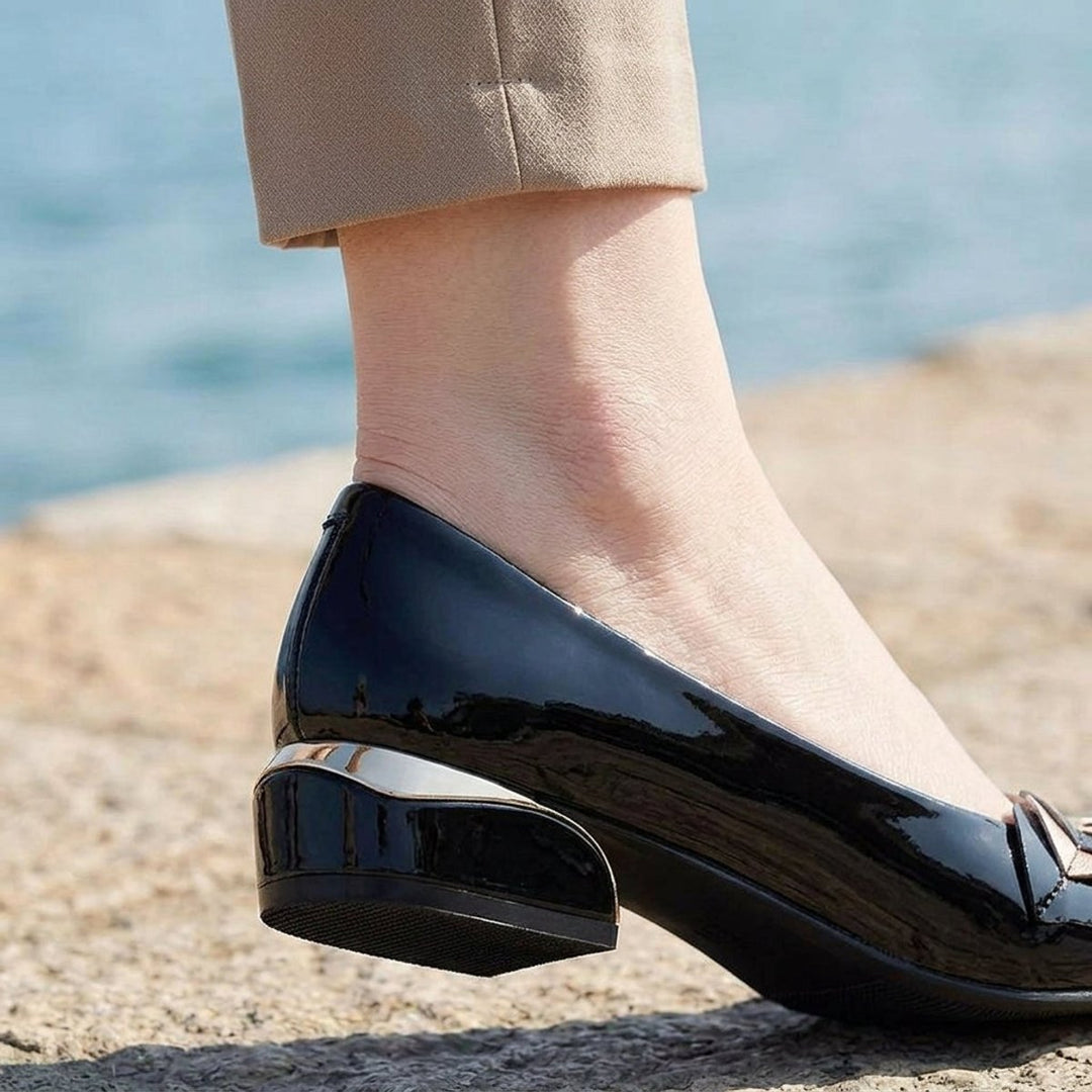 Olivia | Women's Patent Block Heel Court Shoes Pointed Toe Slip-On