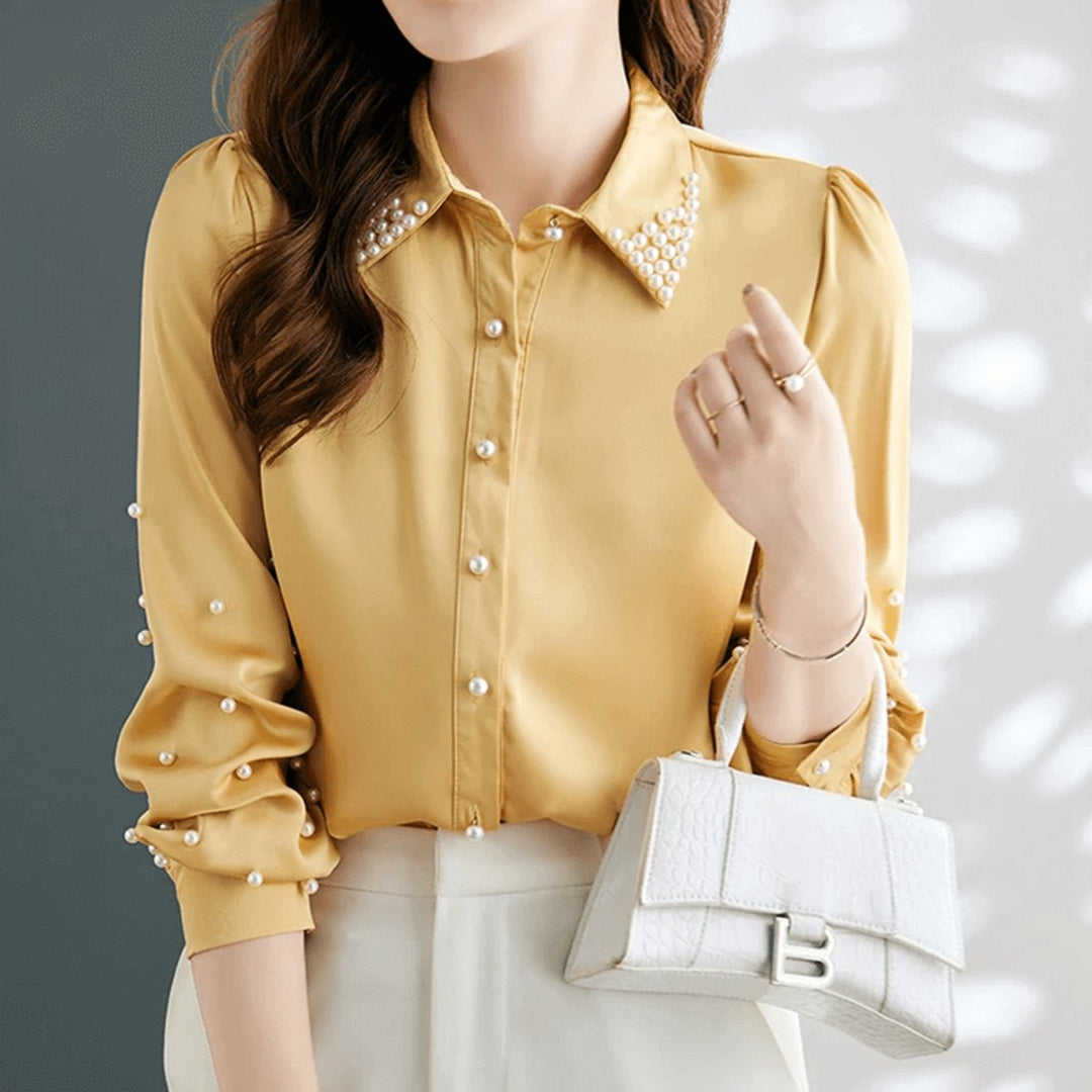 Sophie | Women's Pearl-Embellished Satin Blouse Long Sleeve Button-Up