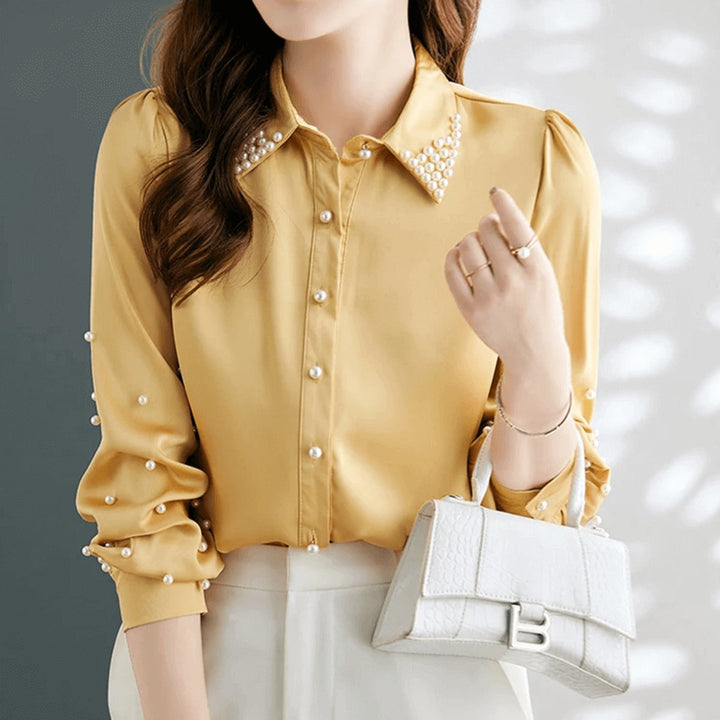 Sophie | Women's Pearl-Embellished Satin Blouse Long Sleeve Button-Up