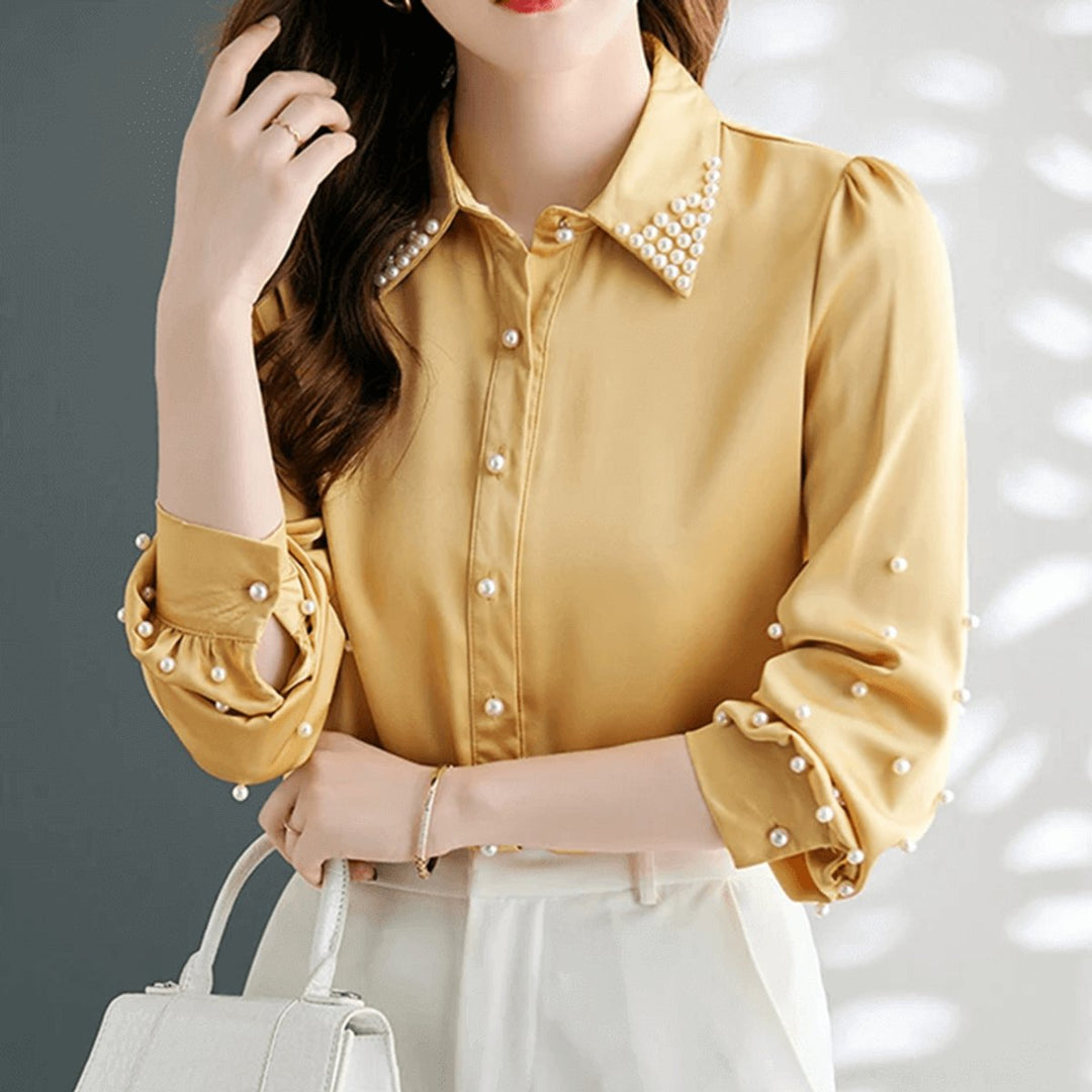 Sophie | Women's Pearl-Embellished Satin Blouse Long Sleeve Button-Up