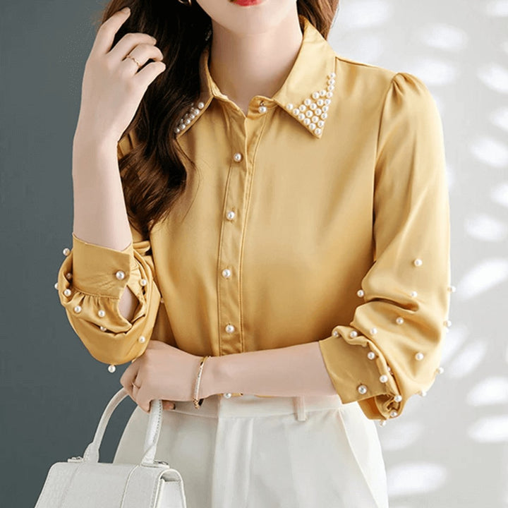 Sophie | Women's Pearl-Embellished Satin Blouse Long Sleeve Button-Up