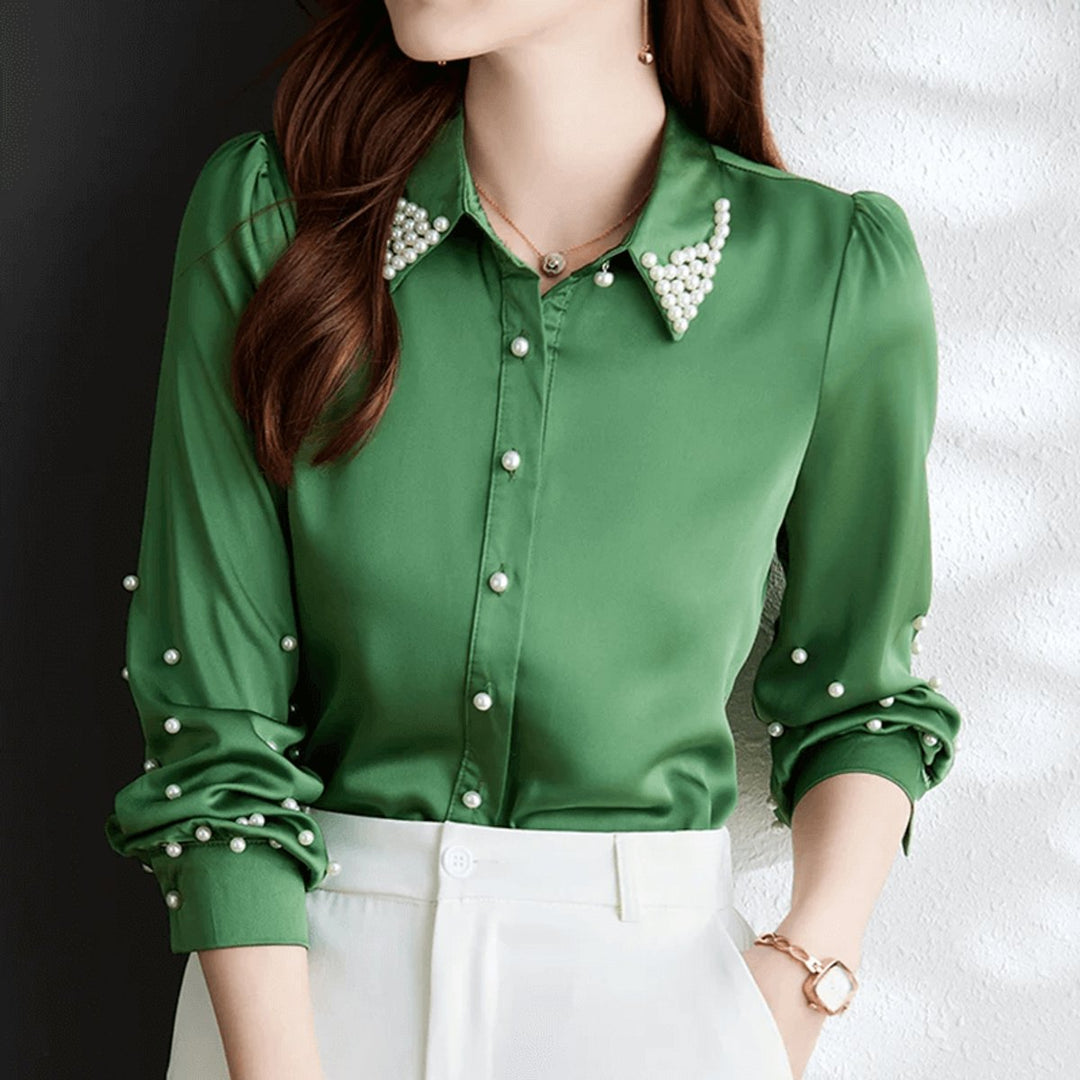 Sophie | Women's Pearl-Embellished Satin Blouse Long Sleeve Button-Up