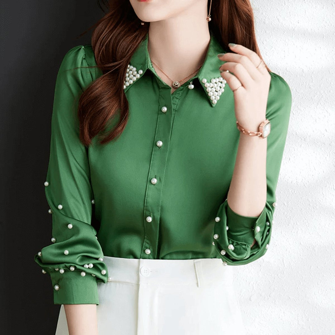 Sophie | Women's Pearl-Embellished Satin Blouse Long Sleeve Button-Up