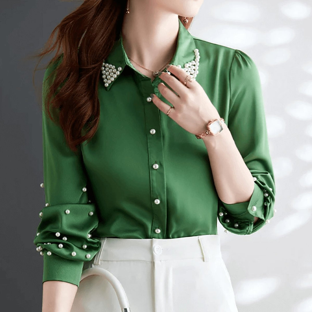 Sophie | Women's Pearl-Embellished Satin Blouse Long Sleeve Button-Up