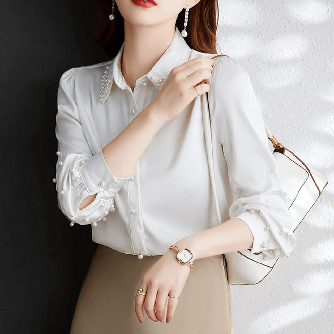 Sophie | Women's Pearl-Embellished Satin Blouse Long Sleeve Button-Up